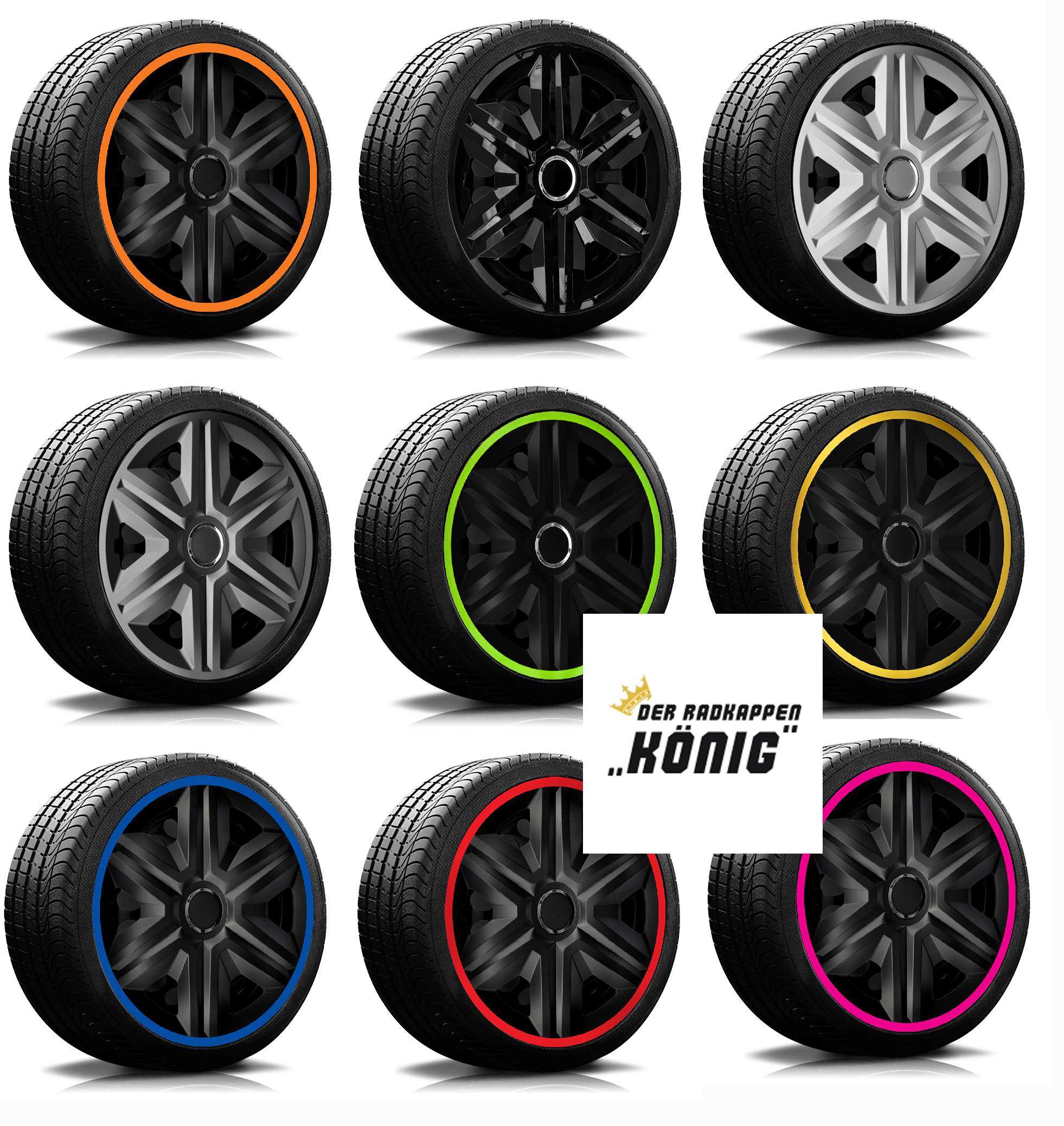 Es sind alle Radkappen zu sehen, die es vom Modell RKK21 gibt. Schwarz mit gold, gruen, orange, pink, rot, graphit, weiss und blau.