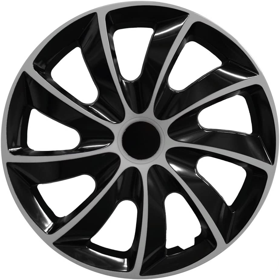 Eine Frontaufnahme der Radkappe Modell RKK02 in schwarz-silber.