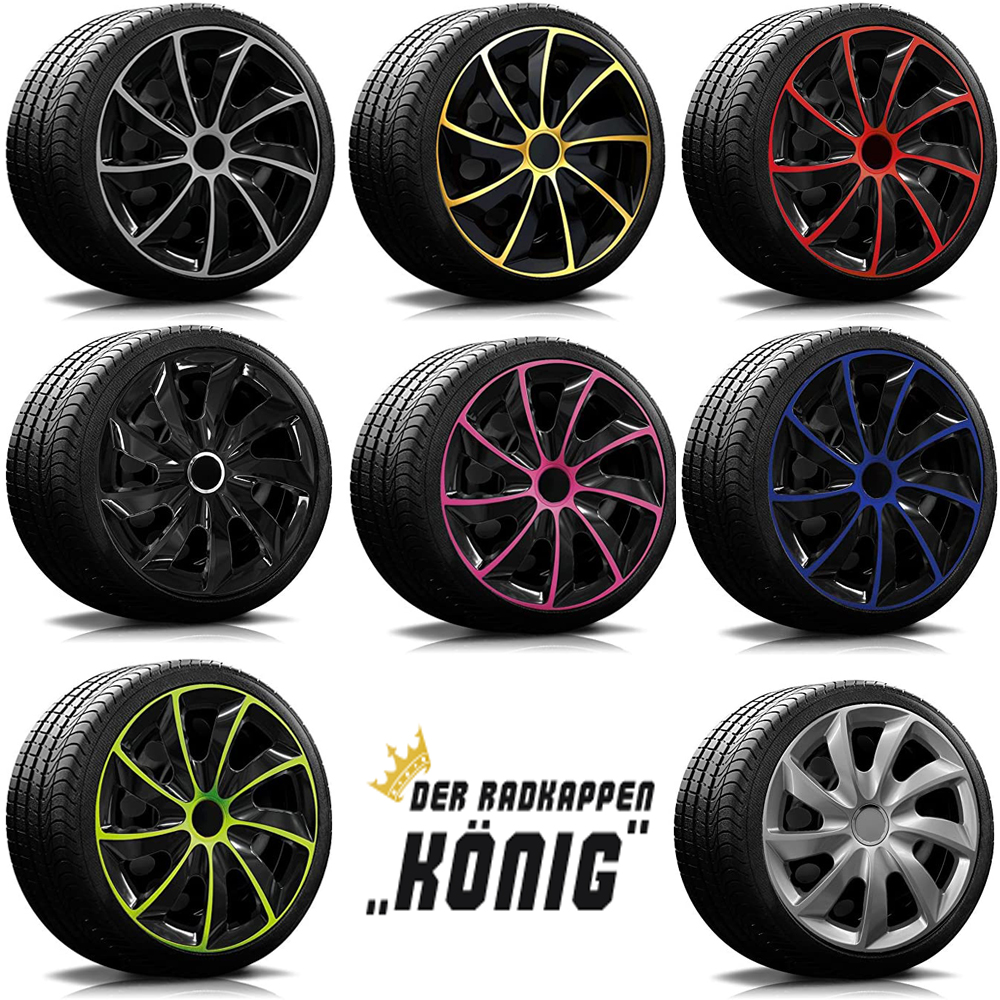 Die Modelle der RKK02 von Radkappen Koenig in schwarz, gold, rot, blau, silber, gruen und pink.