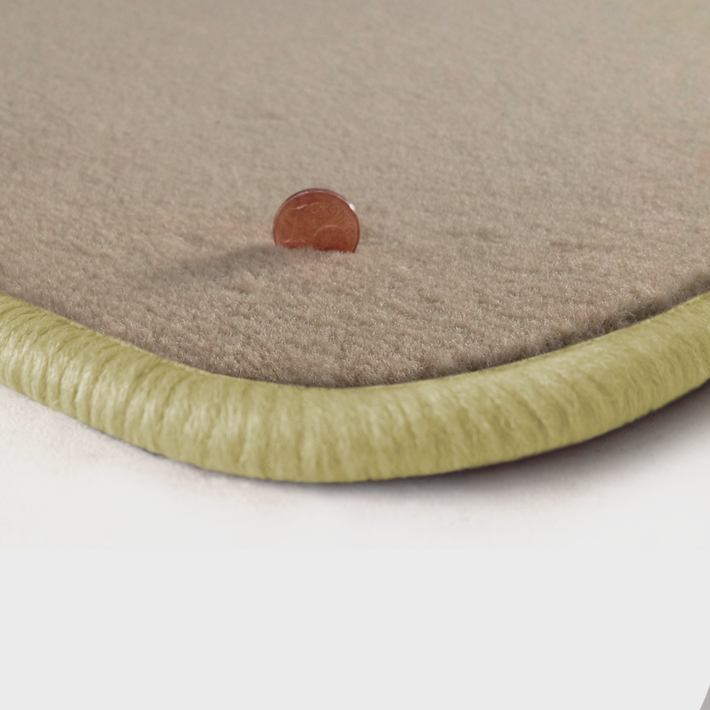 Eine Ecke als Beispiel einer Fussmatte Velours beige mit Rand in hellbeige.