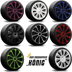 Es sind alle Radkappen zu sehen, die es vom Modell RKK20 gibt. Schwarz mit gruen, pink, rot, graphit, weiss und blau.
