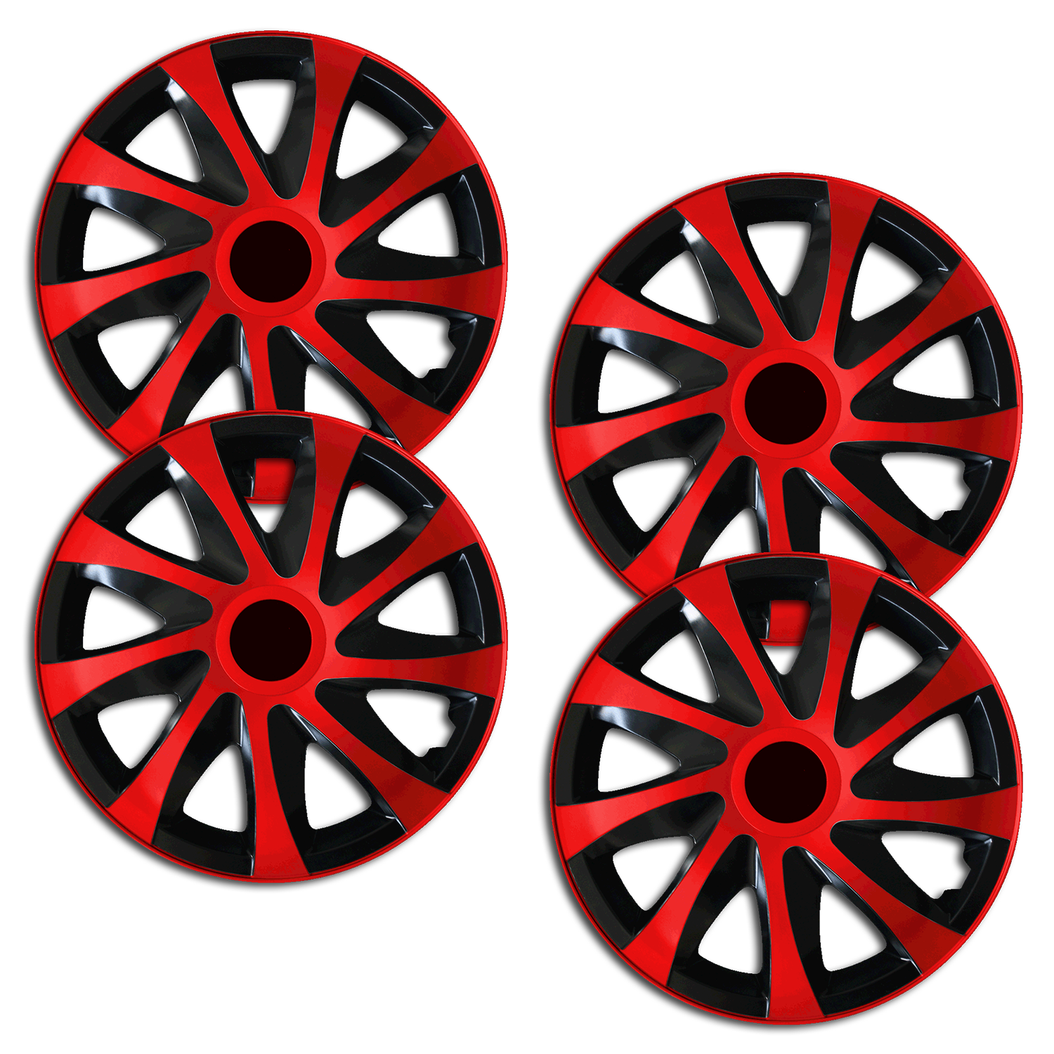 Eine Frontaufnahme des 4er Set Radkappen Modell RKK04 in schwarz-rot.