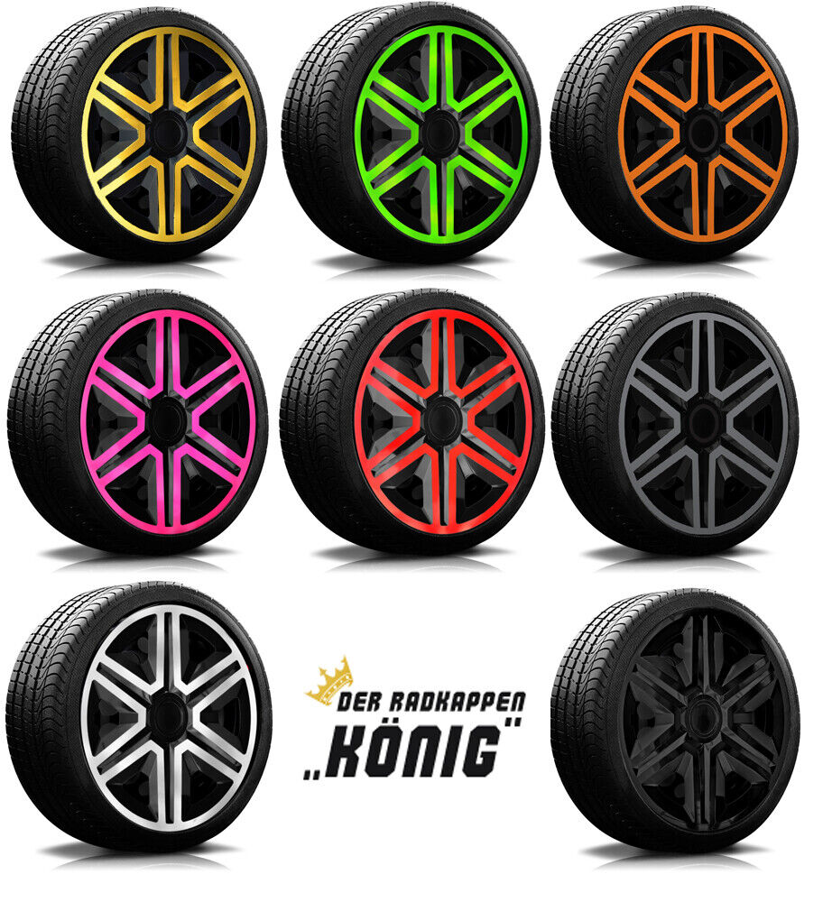 Es sind alle Radkappen zu sehen, die es vom Modell RKK20 gibt. Schwarz mit gold, gruen, orange, pink, rot, graphit, weiss und blau.