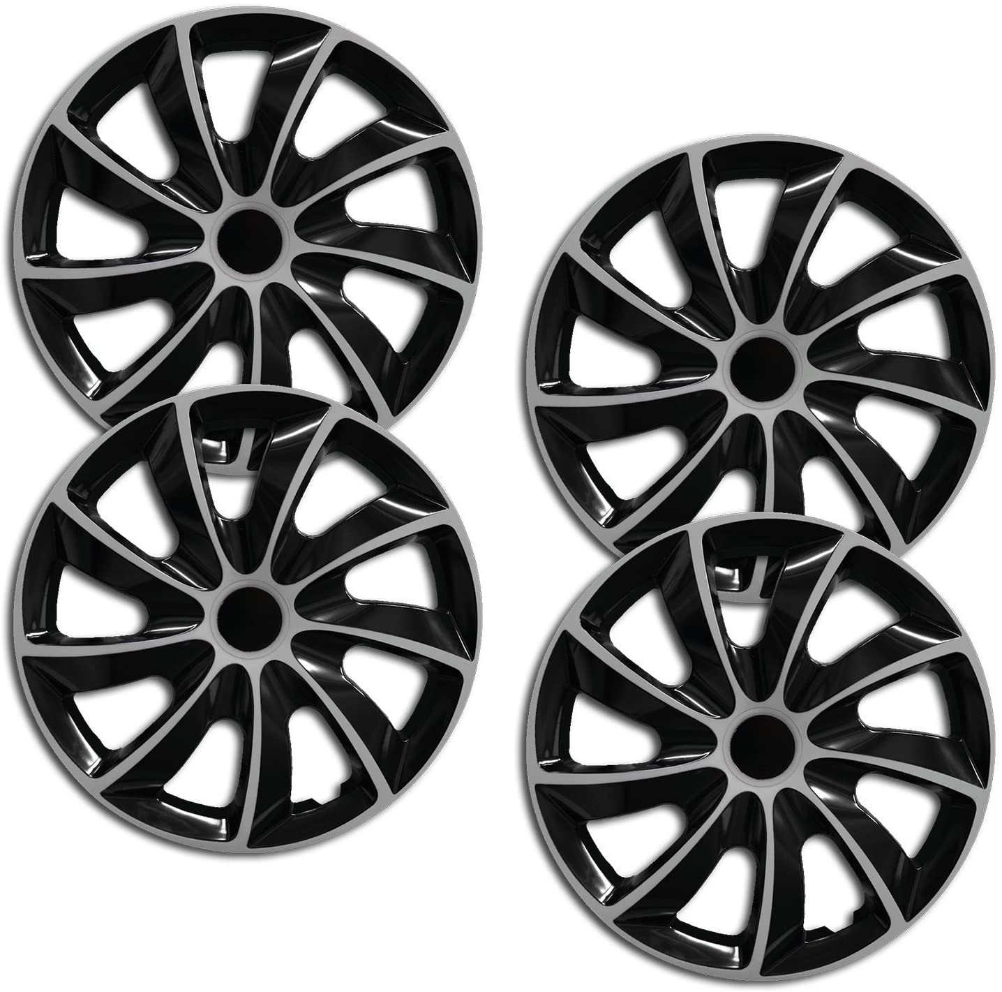 Eine Frontaufnahme des 4er Set Radkappen Modell RKK02 in schwarz-silber.