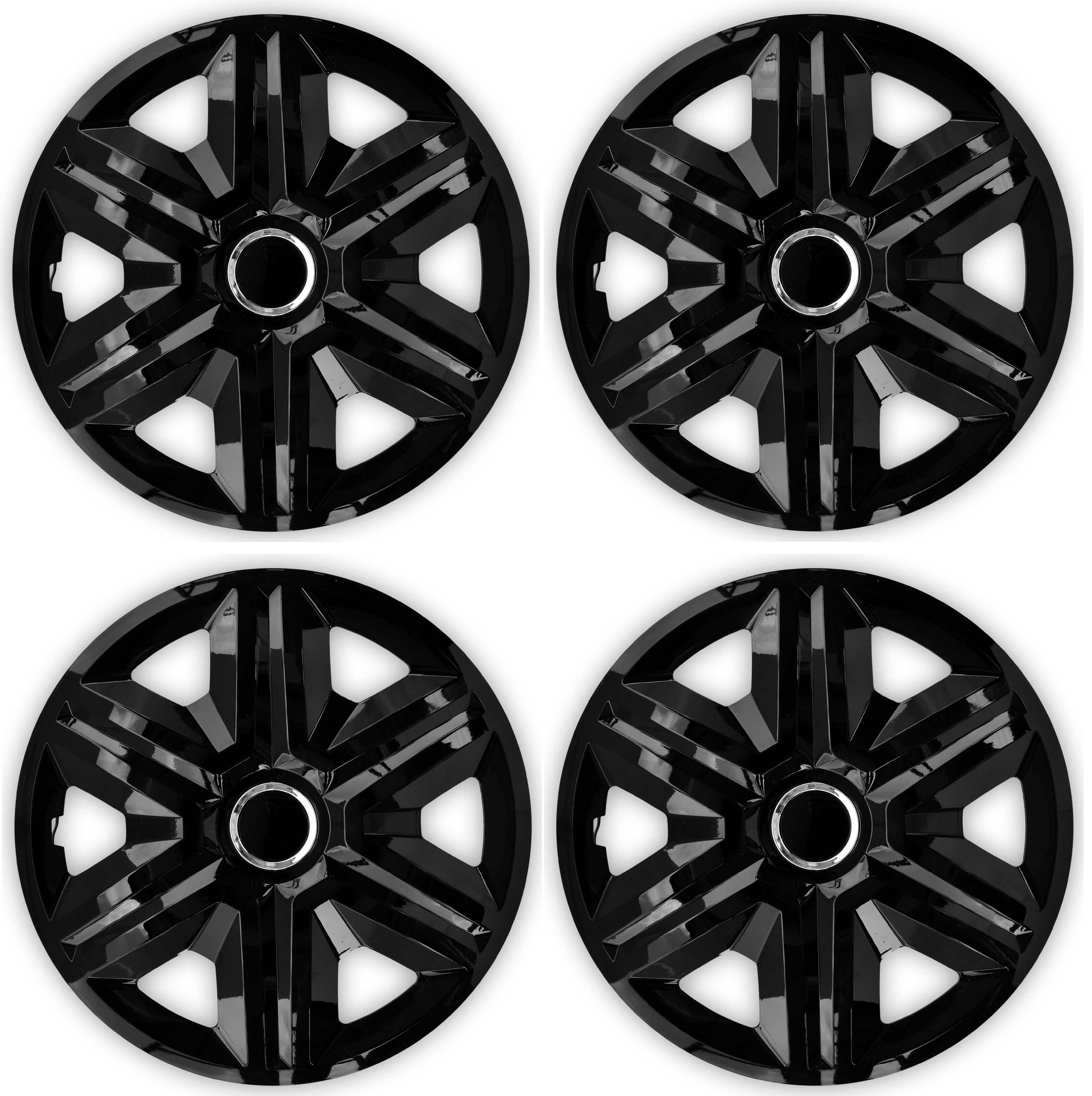 Eine Frontaufnahme des 4er Set Radkappen Modell RKK21 in schwarz.