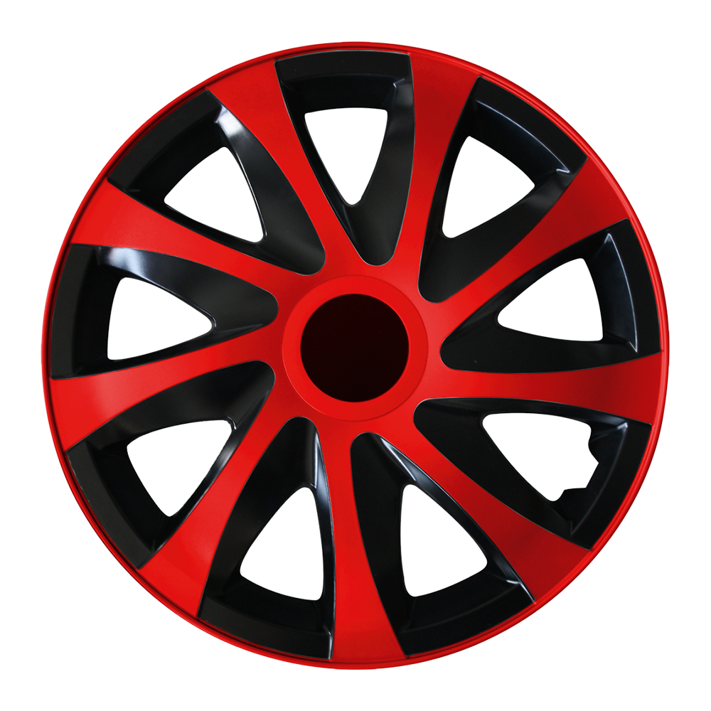 Eine Frontaufnahme der Radkappe Modell RKK04 in schwarz-rot.
